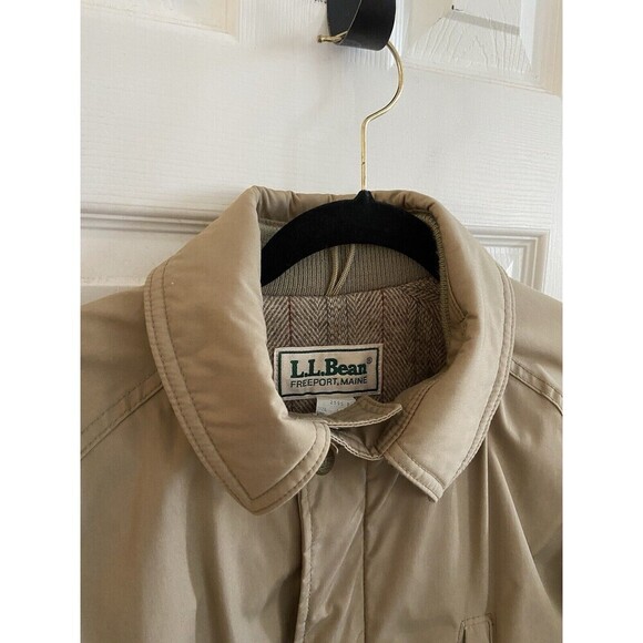 L.L.Bean Coat Mens Large Tan Nylon Parka Wool Lined Snap Front Herringbone Liner - Picture 4 of 16